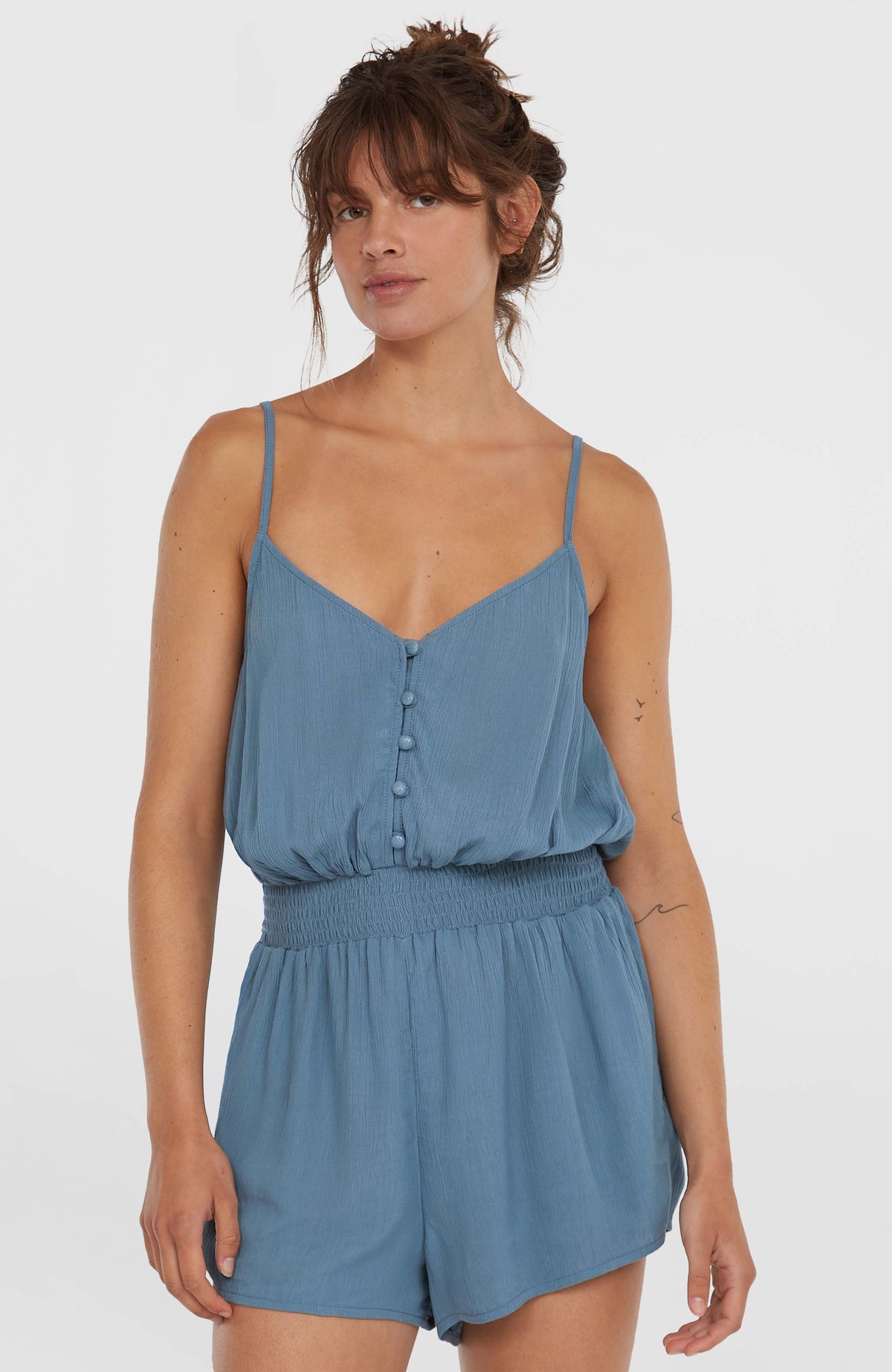 Thin Strap Buttoned Romper | Copen Blue