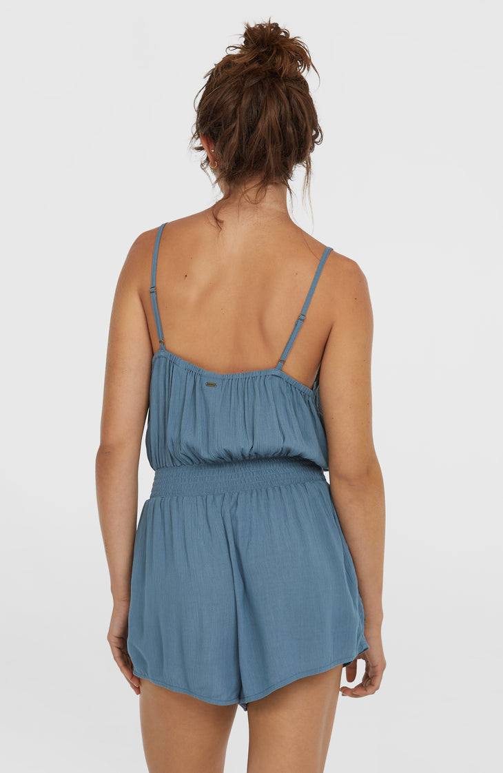 Thin Strap Buttoned Romper | Copen Blue