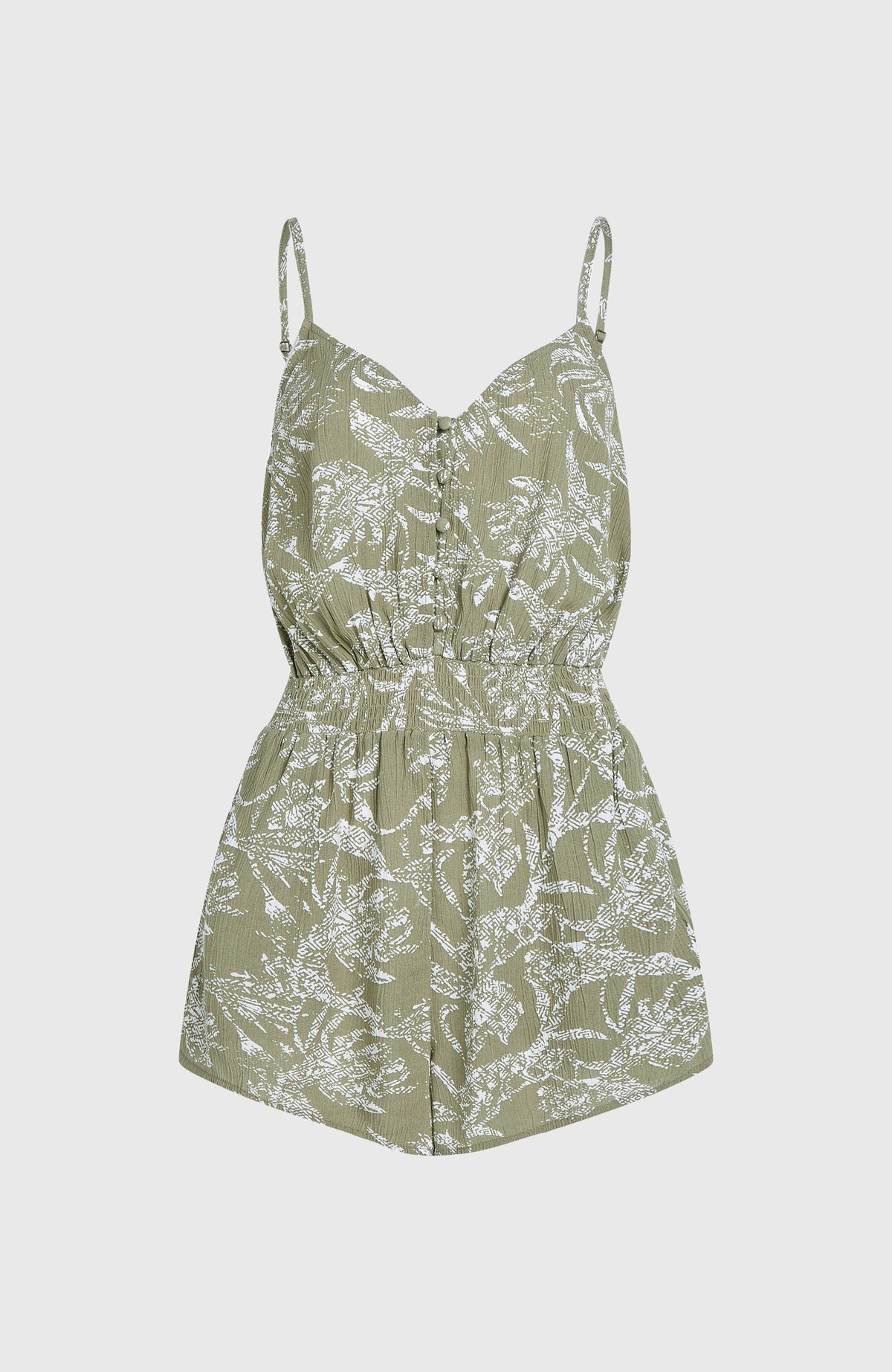 Thin Strap Buttoned Romper | Green Textured Jungle