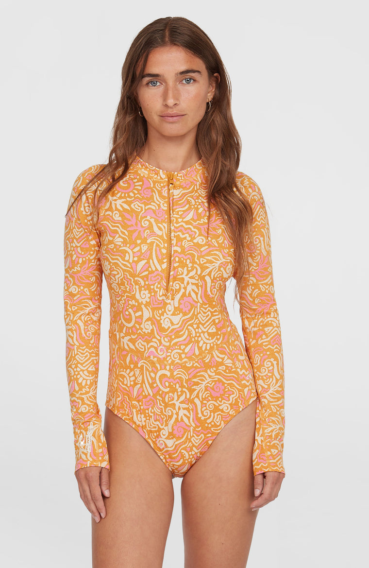 Women Of The Wave Long-Sleeve Surf Suit. | Orange Abstract Wave Women Of The Wave Long-Sleeve Surf Suit. | Orange Abstract Wave