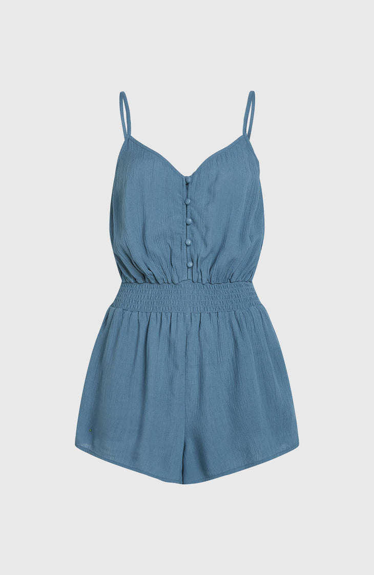 Thin Strap Buttoned Romper | Copen Blue