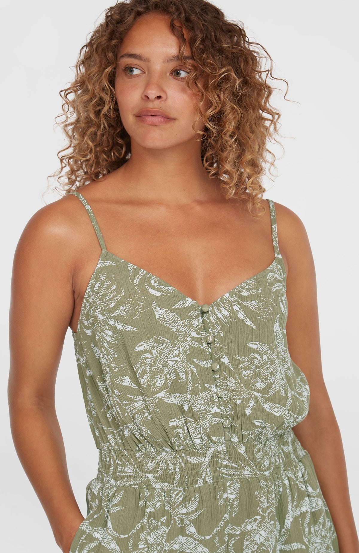 Thin Strap Buttoned Romper | Green Textured Jungle